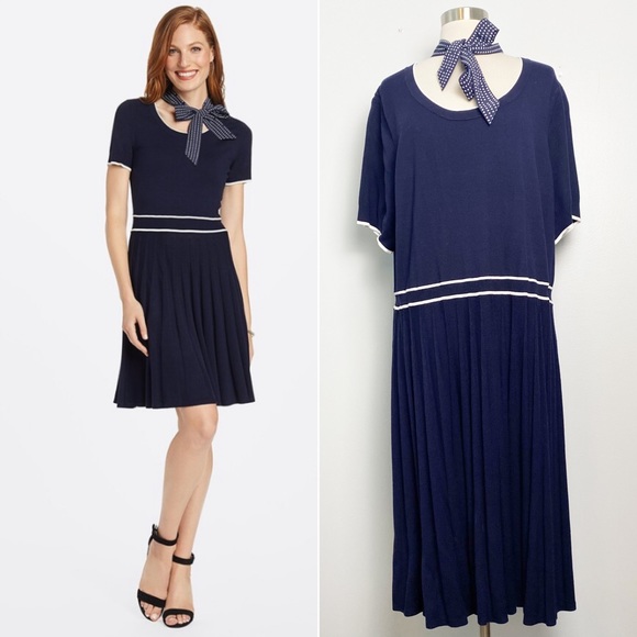 NWT Draper James Dots Bowtie Neck Navy Blue Pleated Sweater Knit Dress Womens 3X - Picture 4 of 14